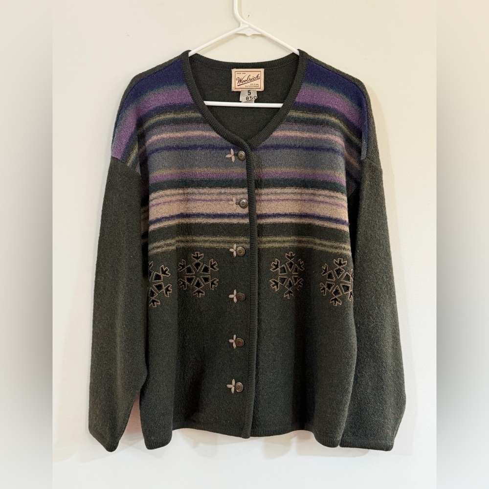 VTG Woolrich‎ Womens Lg Wool Nordic Cardigan Sweater Deep Forest Green Snowflake